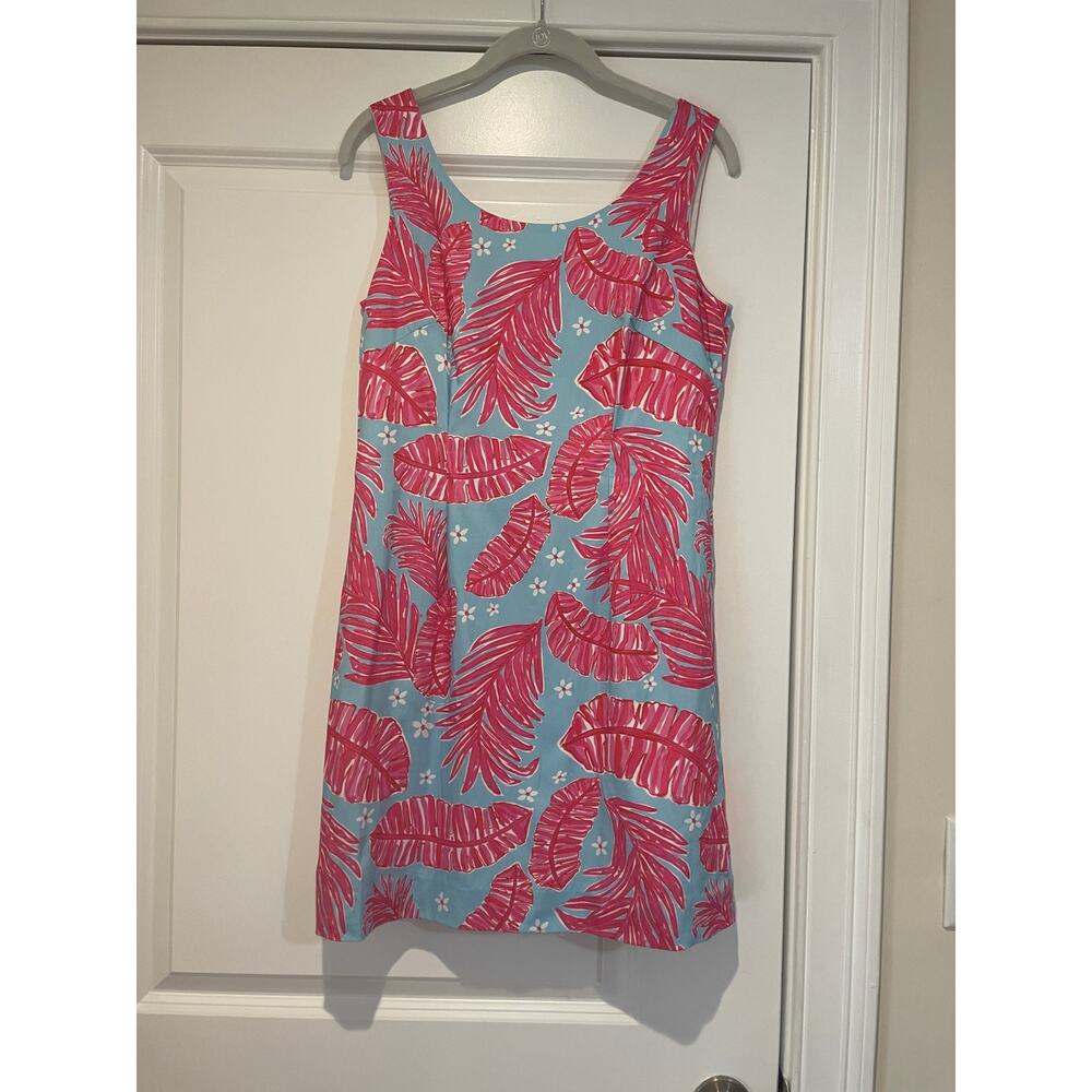 Kaeli Smith Pink Blue Tropical Palm Leaf Shift Dress Scoop Neck Lined Size 8